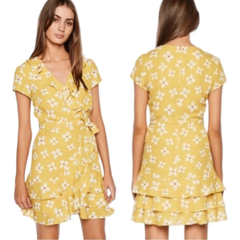 Bardot Abstract Daisy Mini Dress Sunny Yellow Ruffles Faux Wrap Coquette Rave